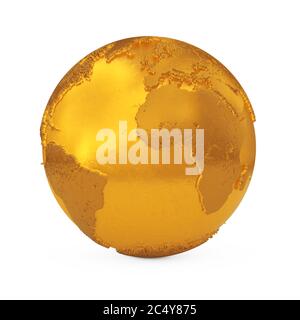 Topographie réaliste Golden Metal Earth Globe sur fond blanc. Rendu 3d Banque D'Images