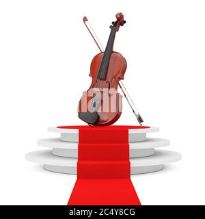 Violon classique en bois avec un noeud sur un socle blanc rond avec marches et tapis rouge sur fond blanc. Rendu 3d Banque D'Images