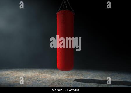 Sac de boxe en cuir rouge pour l'entraînement de boxe dans la lumière volumétrique sur fond noir. Rendu 3d Banque D'Images