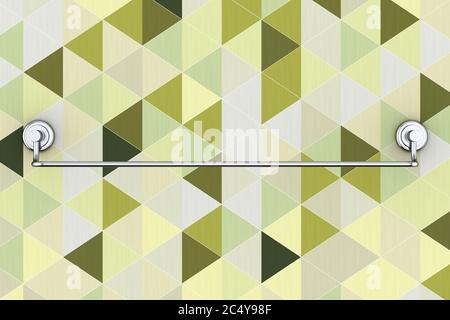 Support de porte-serviette en acier inoxydable neuf long sur un abstrait vert olive Polygon géométrique fond très gros plan. Rendu 3d Banque D'Images