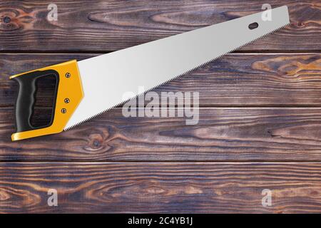 Outil de scie à main sur une table en bois avec espace libre pour votre conception très gros plan. Rendu 3d Banque D'Images