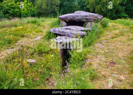 Monument funéraire préhistorique à Marin, Galice, nord de l'espagne. Il s'appelle ' Maloa do Rei '. 3000 B.C. Dolmen reconstruit en 2003. Banque D'Images