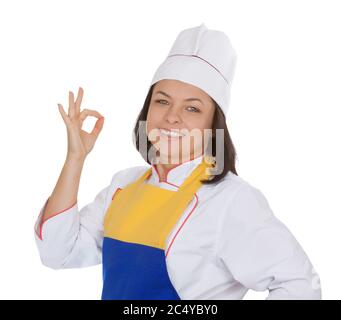 Belle jeune femme Chef montrant le signe OK sur un fond blanc Banque D'Images