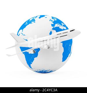 Concept voler autour du monde. Avion de passager à jet blanc près de Earth Globe sur fond blanc. Rendu 3d. Banque D'Images