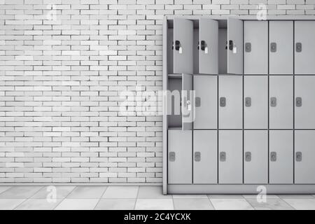 Casiers de sécurité en métal pour les bagages devant le mur de briques. Rendu 3d Banque D'Images