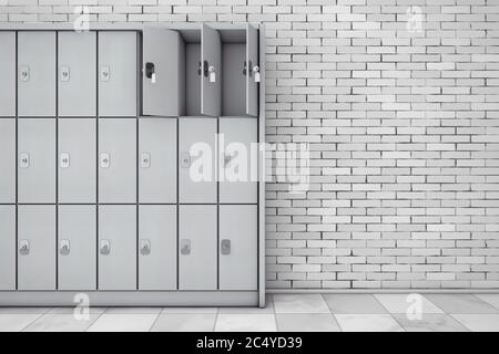 Casiers de sécurité en métal pour les bagages devant le mur de briques. Rendu 3d Banque D'Images