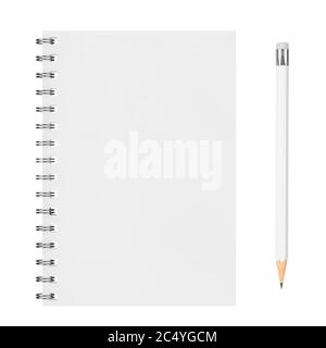 Vue de dessus du cahier blanc à couverture en papier spirale fermée avec crayon blanc et espace vide pour votre conception sur fond blanc. Rendu 3d Banque D'Images