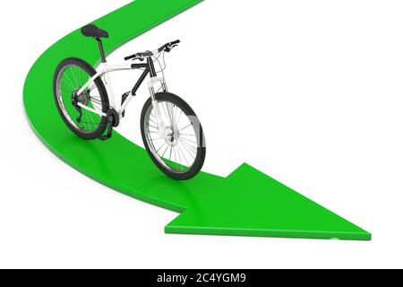 Vélo de montagne noir et blanc sur la direction verte vers la flèche de succès sur un fond blanc. Rendu 3d Banque D'Images