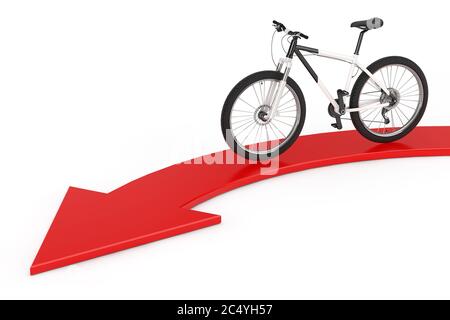 Vélo de montagne noir et blanc sur la direction rouge vers la flèche de succès sur un fond blanc. Rendu 3d Banque D'Images