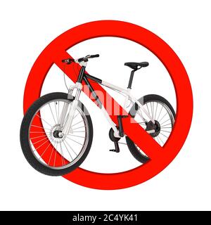 Vélo de montagne noir et blanc dans le cercle rouge de l'interdiction sur un fond blanc. Rendu 3d Banque D'Images