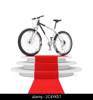 Vélo de montagne noir et blanc sur le podium gagnant avec tapis rouge sur fond blanc. Rendu 3d Banque D'Images