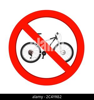 Vélo de montagne noir et blanc dans le cercle rouge de l'interdiction sur un fond blanc. Rendu 3d Banque D'Images