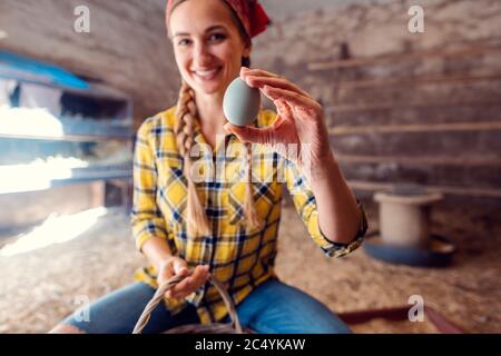 Femme paysanne montrant un œuf dans un poulailler Banque D'Images