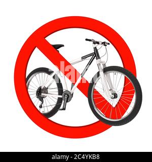 Vélo de montagne noir et blanc dans le cercle rouge de l'interdiction sur un fond blanc. Rendu 3d Banque D'Images