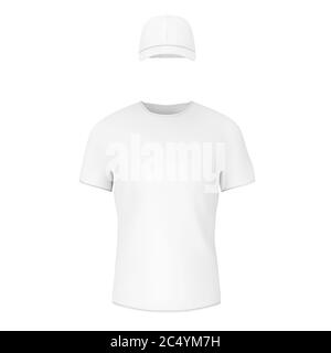 T-shirt gros plan blanc vierge avec casquette et espace vide pour votre motif sur fond blanc. Rendu 3d Banque D'Images