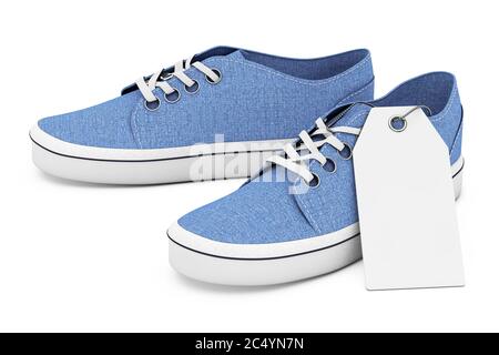 Nouvelles sneakers sans marque Blue denim avec étiquette vierge sur fond blanc. Rendu 3d Banque D'Images