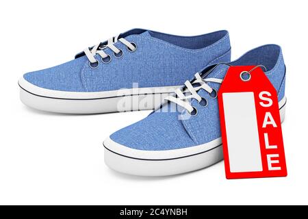 Nouvelles sneakers sans marque Blue denim avec étiquette de vente sur fond blanc. Rendu 3d Banque D'Images