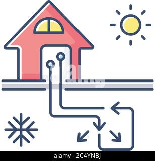 Icône de couleur RVB du système de chauffage et de refroidissement géothermique Illustration de Vecteur