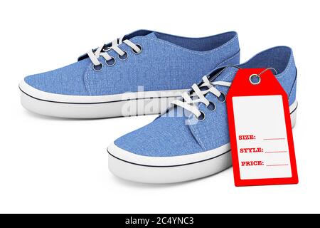 Nouvelles sneakers sans marque Blue denim avec étiquette de prix sur fond blanc. Rendu 3d Banque D'Images