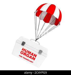 Réfrigérateur boîte pour le transport d'organes donneurs humains volant sur un parachute rouge et blanc sur fond blanc. Rendu 3d. Banque D'Images