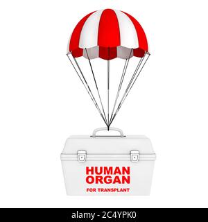 Réfrigérateur boîte pour le transport d'organes donneurs humains volant sur un parachute rouge et blanc sur fond blanc. Rendu 3d. Banque D'Images