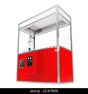 Vider Carnival Red Toy Claw Crane Arcade machine sur fond blanc. Rendu 3d. Banque D'Images