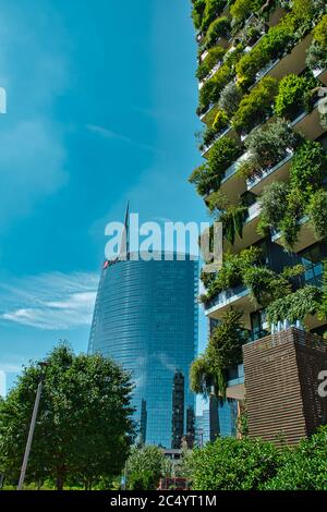 Milan, Italie, 06.29.2020: Vue de la Tour UniCredit et de la Forêt verticale, les gratte-ciels Bosco verticale de la Bibliothèque des arbres du parc, Parco Bibliotec Banque D'Images