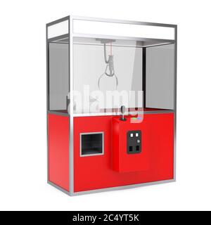 Vider Carnival Red Toy Claw Crane Arcade machine sur fond blanc. Rendu 3d. Banque D'Images