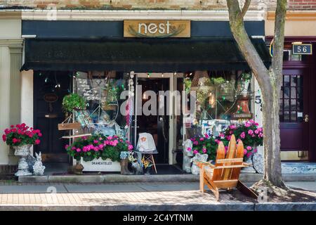 Skaneateles, New York, États-Unis. 29 juin 2020. Petits magasins et boutiques le long de East Genesee Street dans le centre-ville de Skaneateles, New York, lors d'un été ensoleillé aterno Banque D'Images