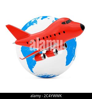 Concept voler autour du monde. Le jouet en forme de jet d'avion rouge de Cartoon près de Earth Globe sur fond blanc. Rendu 3d. Banque D'Images