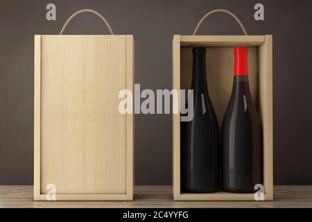 Bouteilles de vin en bois vierge emballage à vin avec poignée sur une table en bois. Rendu 3d. Banque D'Images