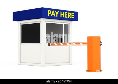 Barrière de voiture et zone de stationnement Booth avec panneau Pay here sur fond blanc. Rendu 3d. Banque D'Images