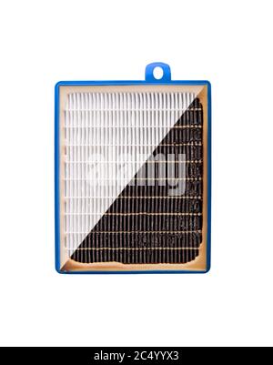 Filtre à air haute efficacité pour système HVAC. Isolé sur fond blanc. Filtre neuf et usagé. Banque D'Images