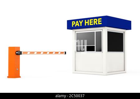 Barrière de voiture et zone de stationnement Booth avec panneau Pay here sur fond blanc. Rendu 3d. Banque D'Images