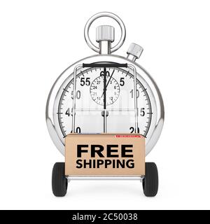 Concept logistique. Chronomètre près de la boîte avec affiche d'expédition gratuite sur le panier sur fond blanc. Rendu 3d. Banque D'Images