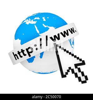 Globe terrestre avec texte d'adresse Internet et curseur de pixels sur fond blanc. Rendu 3d. Banque D'Images