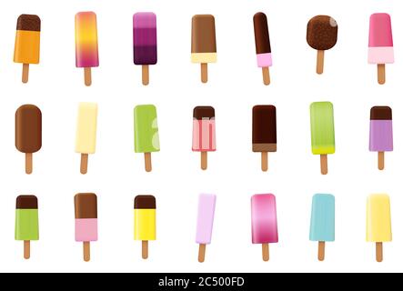 Assortiment de licaces à glace. Ensemble de pop-sicles colorés assortis, de nombreuses saveurs délicieuses différentes - illustration sur fond blanc. Banque D'Images