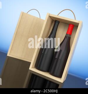 Bouteilles de vin en bois vierge avec poignée sur fond blanc. Rendu 3d. Banque D'Images