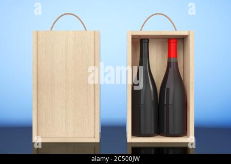 Bouteilles de vin en bois vierge avec poignée sur fond blanc. Rendu 3d. Banque D'Images