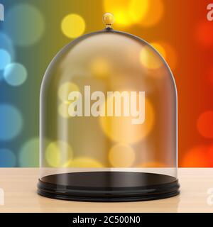 Plateau avec couvercle en verre sur une table en bois. Rendu 3d. Banque D'Images