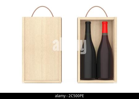 Bouteilles de vin en bois vierge avec poignée sur fond blanc. Rendu 3d. Banque D'Images