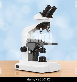 Microscope de laboratoire moderne sur une table en bois. Rendu 3d. Banque D'Images
