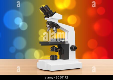 Microscope de laboratoire moderne sur une table en bois. Rendu 3d. Banque D'Images