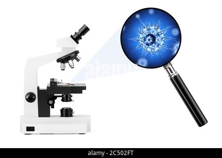 Microscope de laboratoire moderne Explorez les bactérias et les virus sens à travers la loupe sur fond blanc. Rendu 3d. Banque D'Images