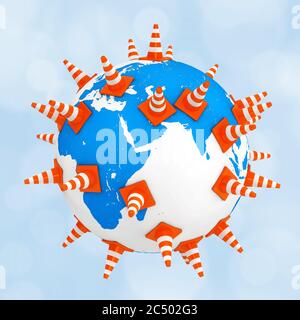 Traffic Cones Over Earth Globe sur fond bleu. Rendu 3d. Banque D'Images