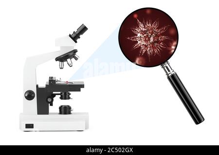 Microscope de laboratoire moderne Explorez les bactérias et les virus sens à travers la loupe sur fond blanc. Rendu 3d. Banque D'Images