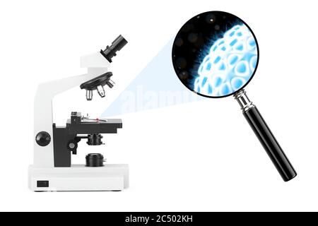 Microscope de laboratoire moderne Explorez les bactérias et les virus sens à travers la loupe sur fond blanc. Rendu 3d. Banque D'Images