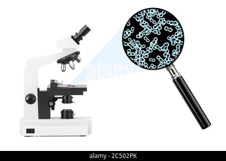 Microscope de laboratoire moderne Explorez les bactérias et les virus sens à travers la loupe sur fond blanc. Rendu 3d. Banque D'Images