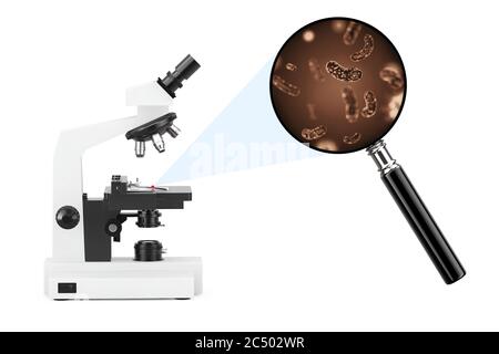 Microscope de laboratoire moderne Explorez les bactérias et les virus sens à travers la loupe sur fond blanc. Rendu 3d. Banque D'Images