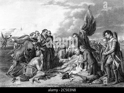Une image d'illustration ancienne gravée de la mort du général James Wolfe à la bataille de Québec, tirée d'un livre victorien daté de 1886 qui n'est plus Banque D'Images